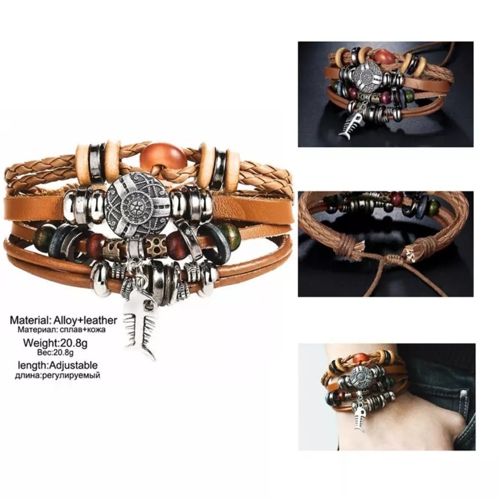 🆕️UNISEX Brown leather fish bone bracelet - Picture 4 of 4